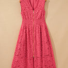 Coral Floral Lace Overlay Zip Up V Neck Smocked Waist Sleeveless Dress - Thumbnail