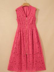 Robe sans manches en dentelle florale corail à fermeture éclair, encol en V et taille smock - Miniatuur