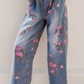 Beau Blue Floral Print Elastic Waist Pull On Casual Jeans - Damesmode Afbeelding 5 - Foto 5