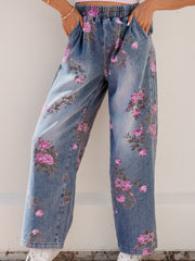 Beau Blue Floral Print Elastic Waist Pull On Casual Jeans - Damesmode Afbeelding 5 - Miniatuur
