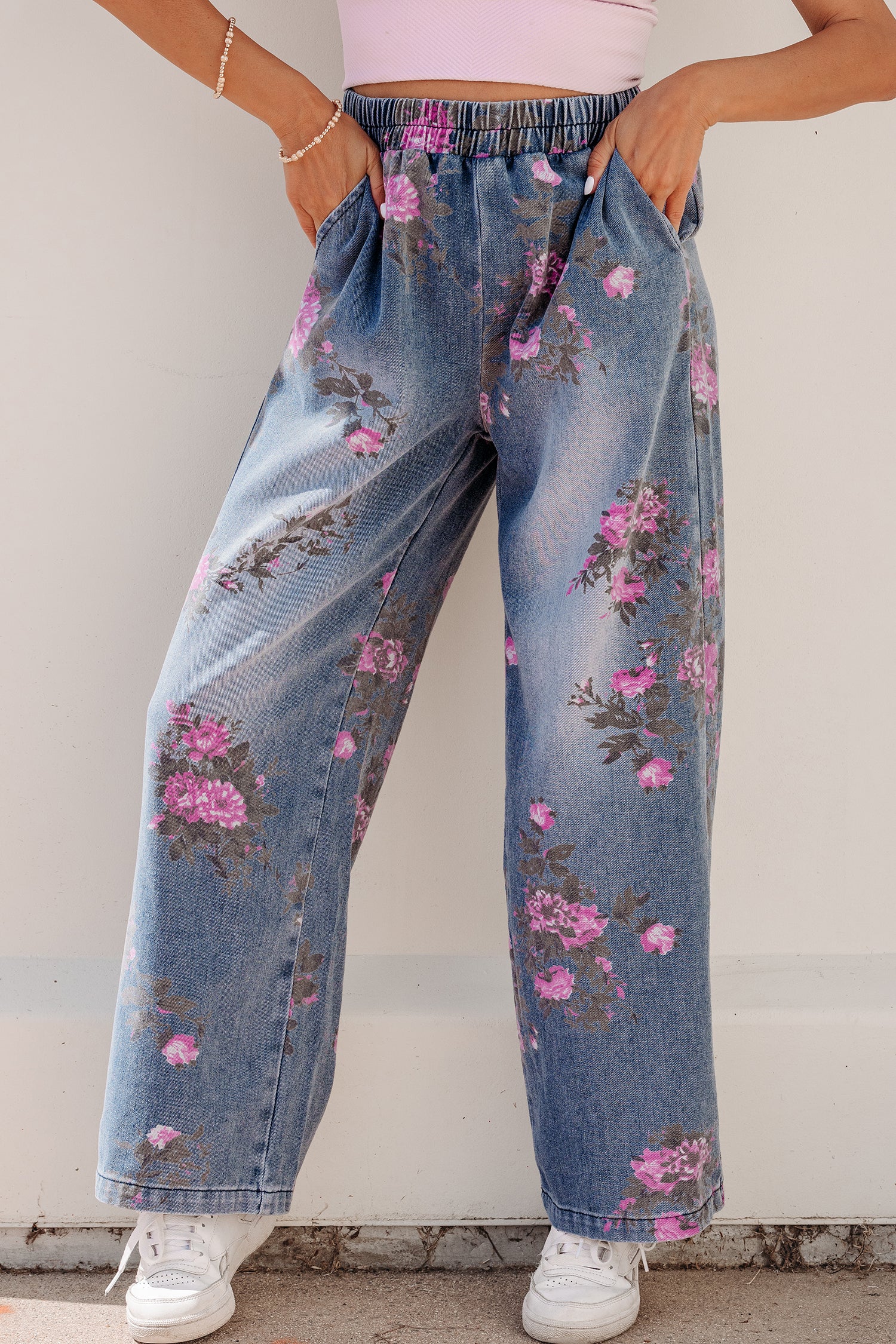 Beau Blue Floral Print Elastic Waist Pull On Casual Jeans - Damesmode Afbeelding 5