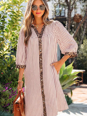 Khaki Stripe Square Button Leopard Trim Loose Bracelet Sleeve Shirt Dress - Miniatuur