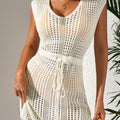 Beige Open Knit Drawstring Waist Beach Dress - Damesmode Afbeelding 4 - Foto 4