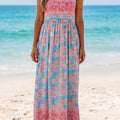 Sky Blue Bohemian Ethnic Print Spaghetti Straps Vacation Maxi Dress - Foto 1