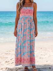 Himmelblaues Bohemien-Ethnie-Print-Spaghettiträger-Maxi-Kleid mit Spaghetti-Trägern - Miniatuur