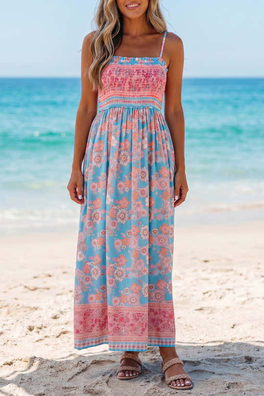 Himmelblaues Bohemien-Ethnie-Print-Spaghettiträger-Maxi-Kleid mit Spaghetti-Trägern