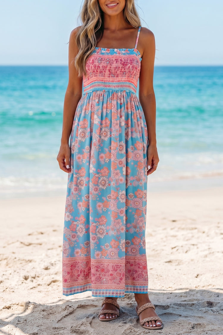 Sky Blue Bohemian Ethnic Print Spaghetti Straps Vacation Maxi Dress - Damesmode
