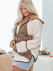 Brown Leopard Star Hooded Patchwork Contrast Piping Open Front Jacket - Damesmode Afbeelding 3 - Miniatuur