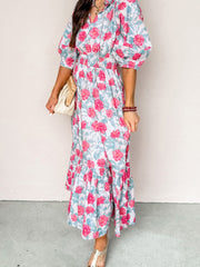 Red Elegant Floral Puff Sleeve Midi Dress - Miniatuur