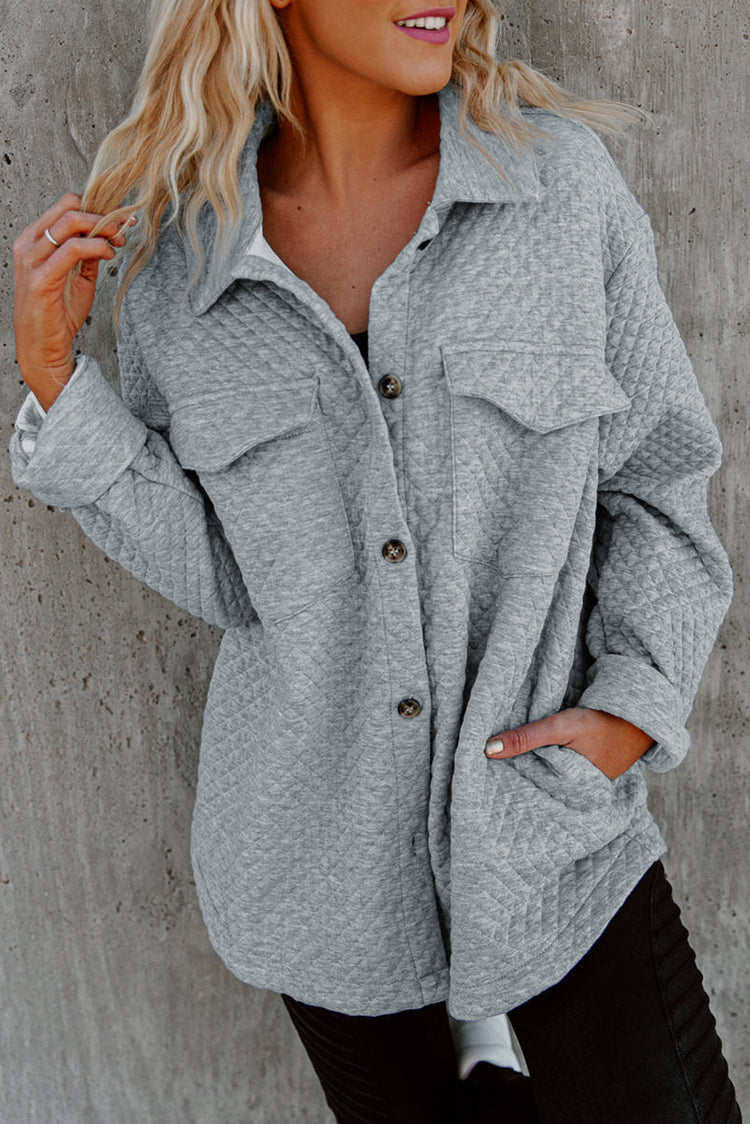 Gray Retro Quilted Flap Pocket Button Shacket - Damesmode