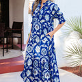 Blue Wild Floral Print Frilled Collar Half Sleeve Long Dress - Damesmode Afbeelding 4 - Foto 4