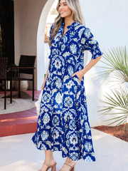 Vestido largo de manga media con cuello con volantes y estampado floral azul salvaje - Damesmode Afbeelding 4 - Miniatuur