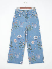 Sky Blue Retro Floral Print Frayed Hem Shift Jeans - Miniatuur