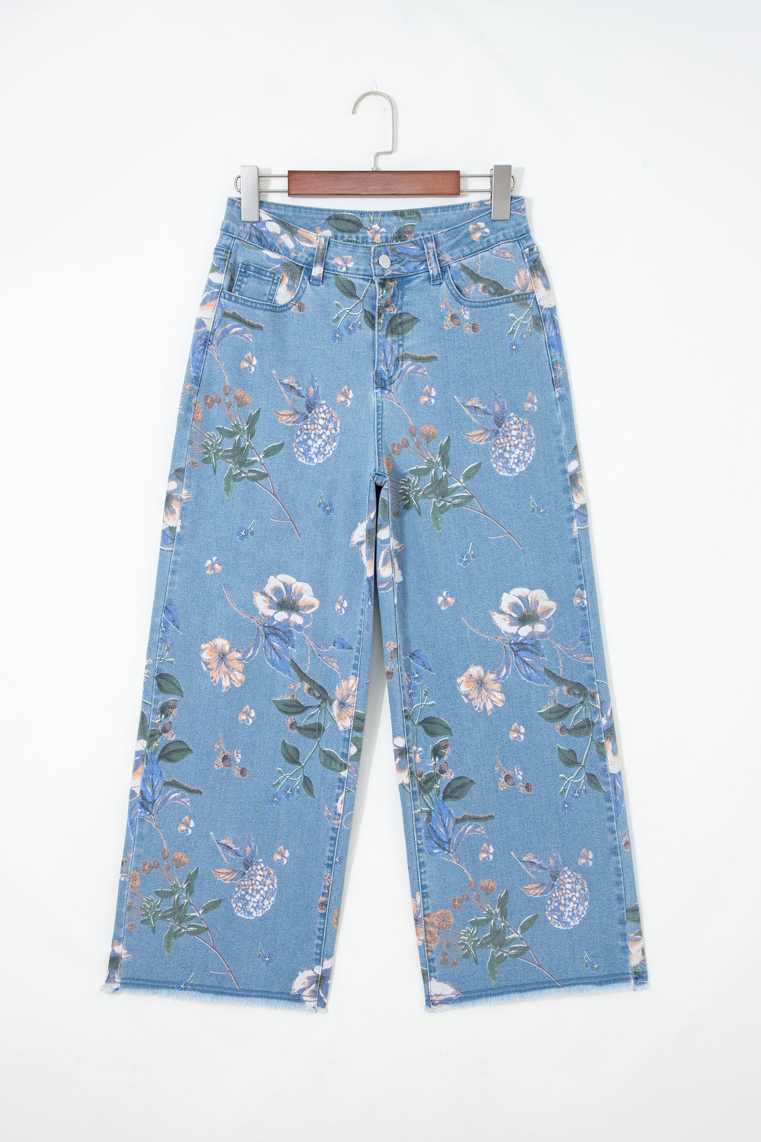 Jeans Sky Blue Retro com Estampado Floral Desfiado com Bainha