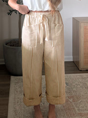 Apricot Stripe Ribbon Drawstring Waist Full-Length Shift Pant - Damesmode Afbeelding 4 - Miniatuur