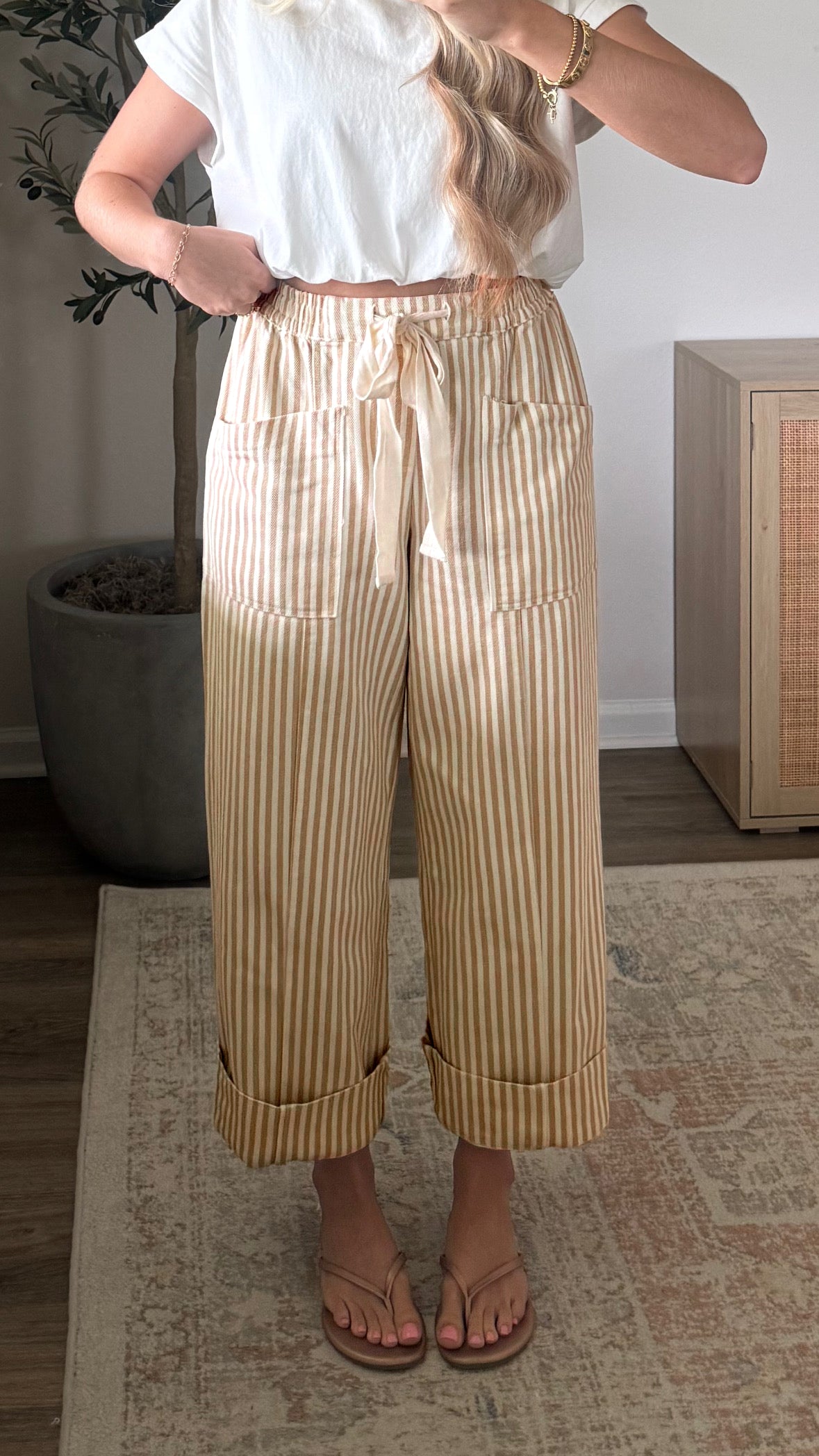 Apricot Stripe Ribbon Drawstring Waist Full-Length Shift Pant - Damesmode Afbeelding 4
