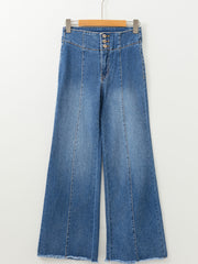Kaffee-High-Waist-Button-Jeans mit Griff und Naht mit Rohsaum-Flare-Decke - Miniatuur