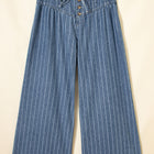 Jeans à rayures bleu ciel, boutons plissés à cordon, taille décontractée, jambes larges - Thumbnail
