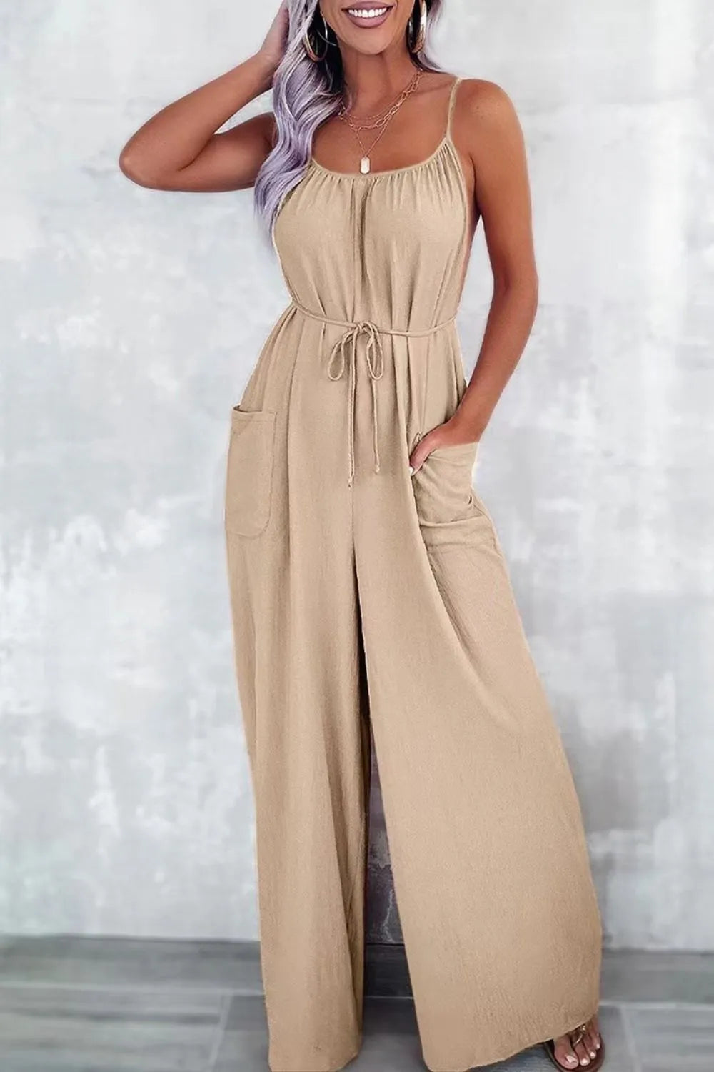Casual Spaghetti Strap Wide Leg Jumpsuit with Pockets - Exklusive Damenmode & Kleidung Kollektion | Redblad Deutschland