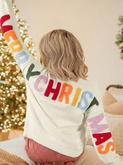 White Ho Ho Ho Slogan V Neck Button Front Embroidered Knit Cardigan - Miniatuur
