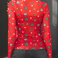 Fiery Red Christmas Elements Printed Long Sleeve Sheer Mesh Top - Foto 2