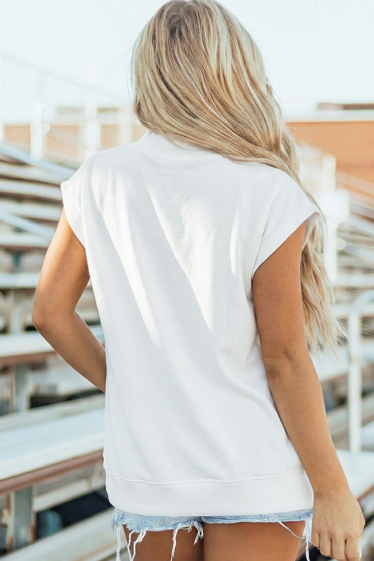 White Solid Color High Neck Cap Sleeve Loose Top