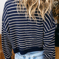 Blue Stripe Textured Knit Half Zip Collared Long Sleeve Top - Damesmode Afbeelding 2 - Foto 2