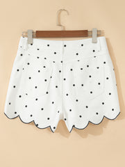 White Polka Dot Print Embroidered Scallop Hem Shorts - Miniatuur