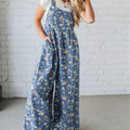 Blue Vintage Rose Printed Pleated Loose Denim Overall Jumpsuit - Damesmode Afbeelding 6 - Foto 6
