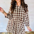 Brown Plaid Long Sleeve Short Shift Mini Dress - Damesmode Afbeelding 5 - Foto 5