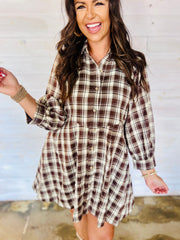 Brown Plaid Long Sleeve Short Shift Mini Dress - Damesmode Afbeelding 5 - Miniatuur
