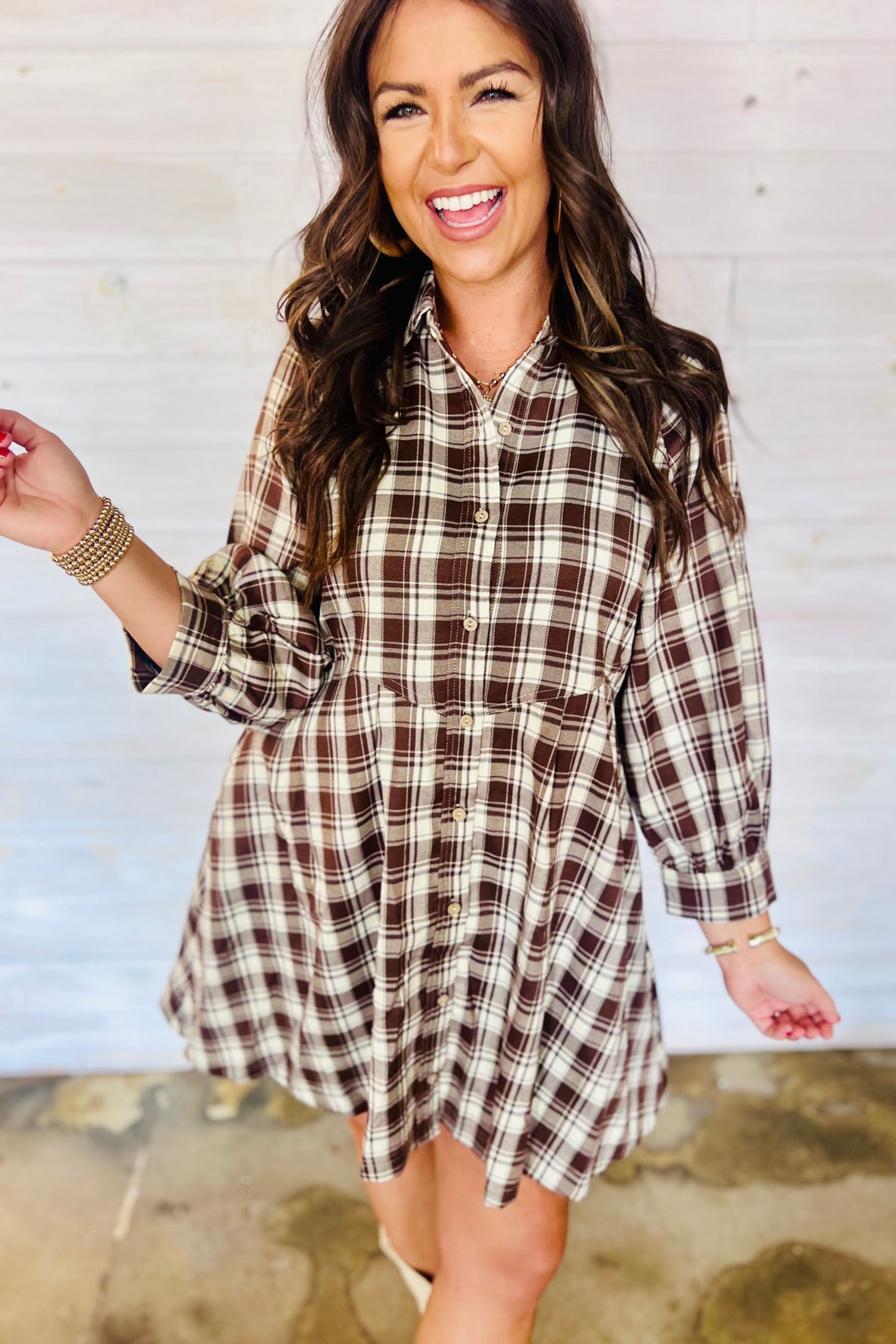 Brown Plaid Long Sleeve Short Shift Mini Dress - Damesmode Afbeelding 5