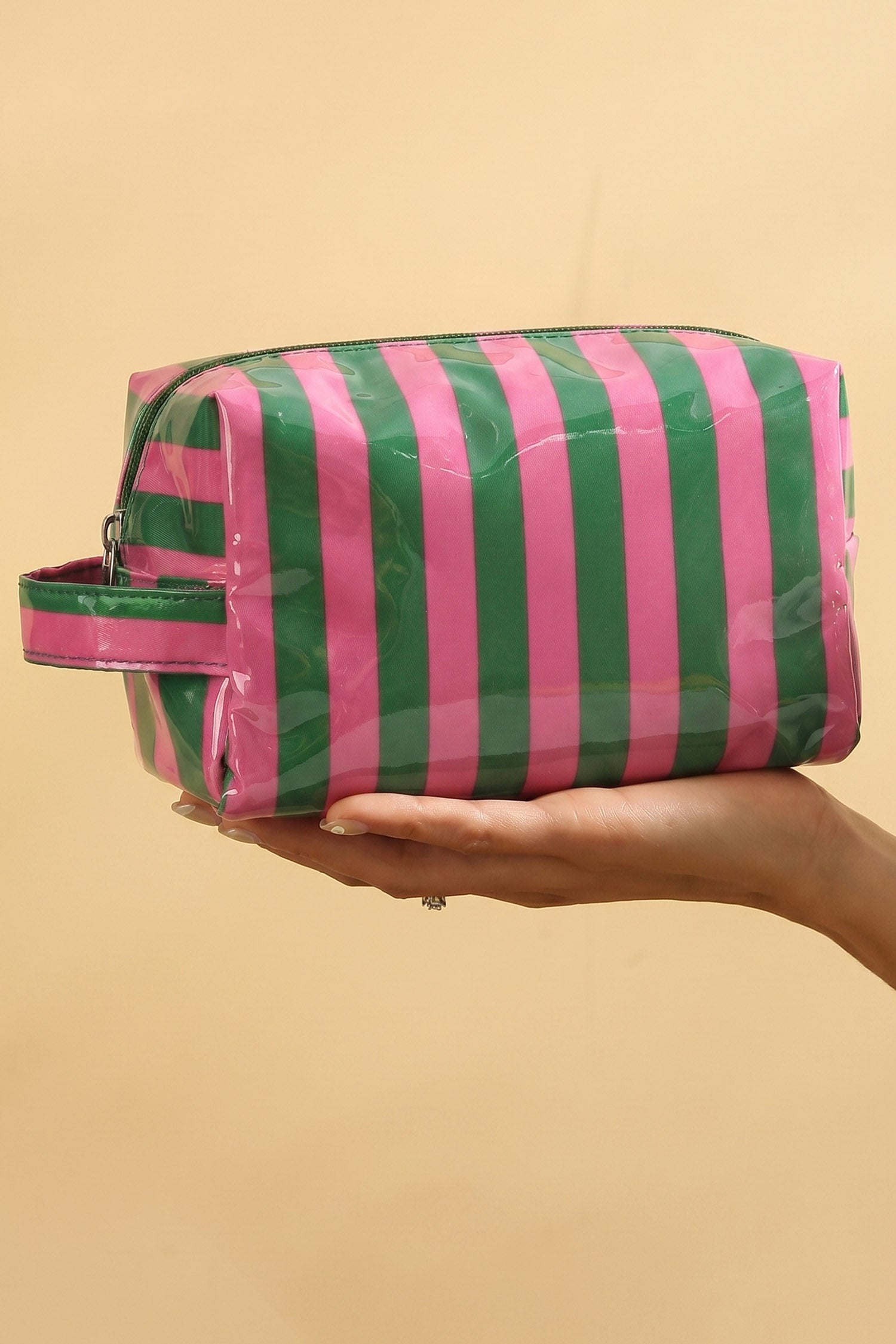 Sac cosmétique en PVC rayé rouge flamboyant Organisateur de voyage durable avec poignée zippée