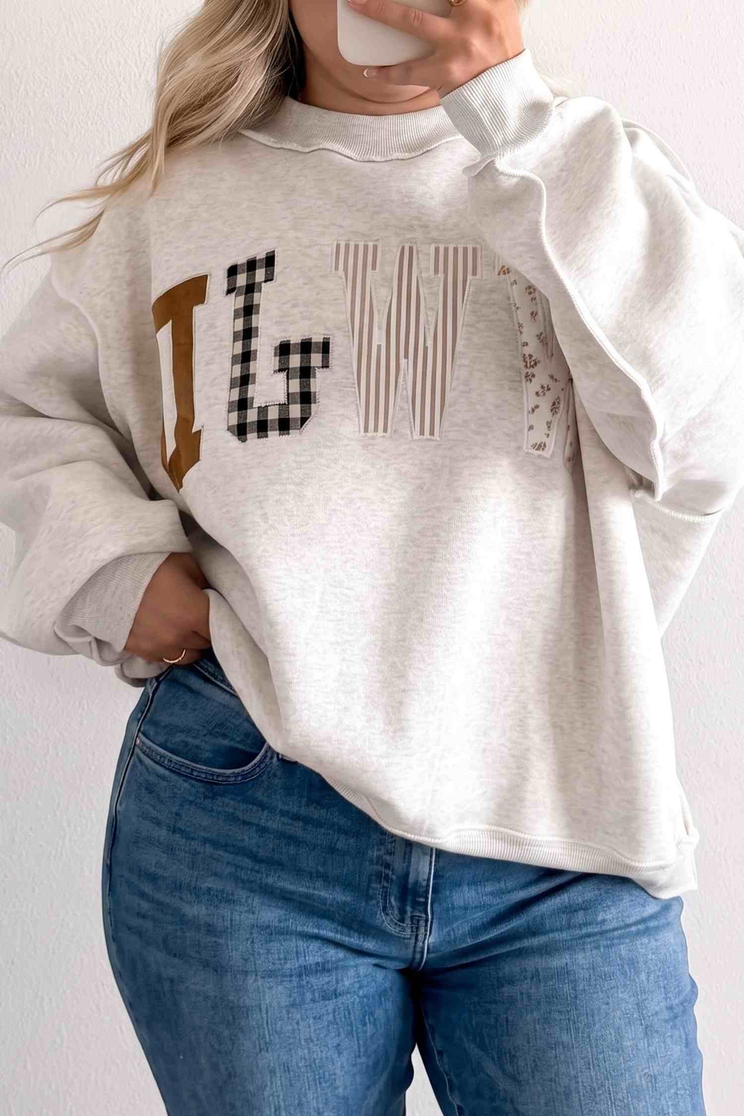 Sweat-shirt gris WWJD Mixed Pattern Letter, Couture exposée, Sweat grande taille ample