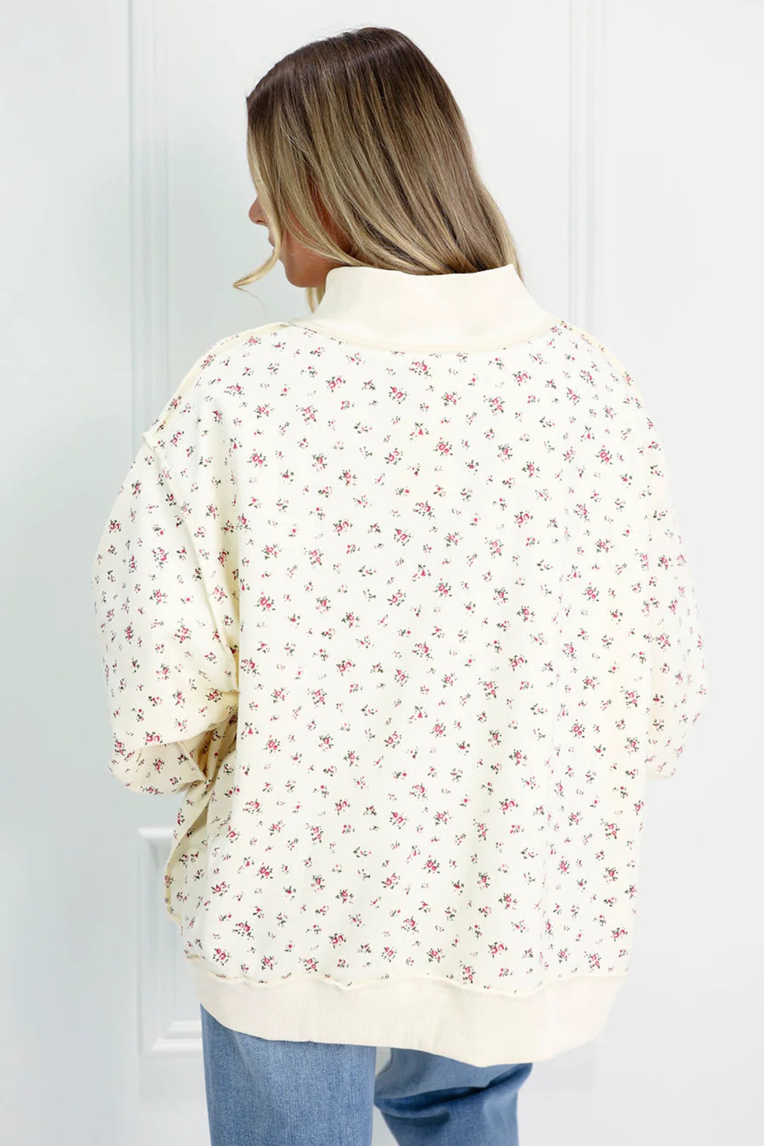Beige Ribbed High Neck Patchwork Floral Print Baggy Pullover Sweatshirt - Damesmode Afbeelding 4