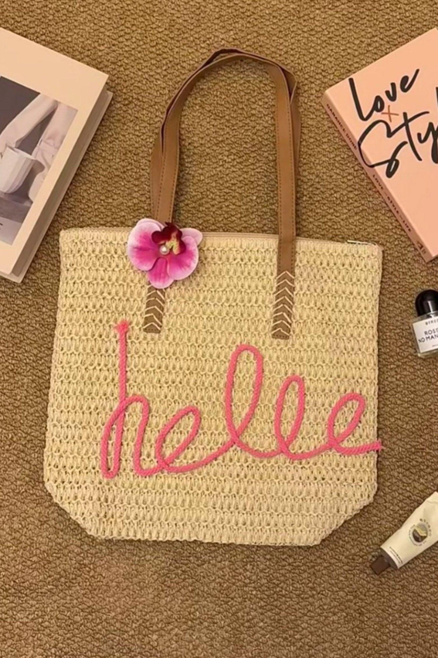 Khaki Hello Boho handgewebte Blumenakzent-Reise-Tasche