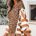 Khaki Stripe Color Block Patchwork Leopard Casual Sweatshirt with Slits - Foto 3