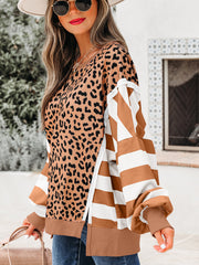 Khaki Stripe Color Block Patchwork Leopard Casual Sweatshirt with Slits - Miniatuur