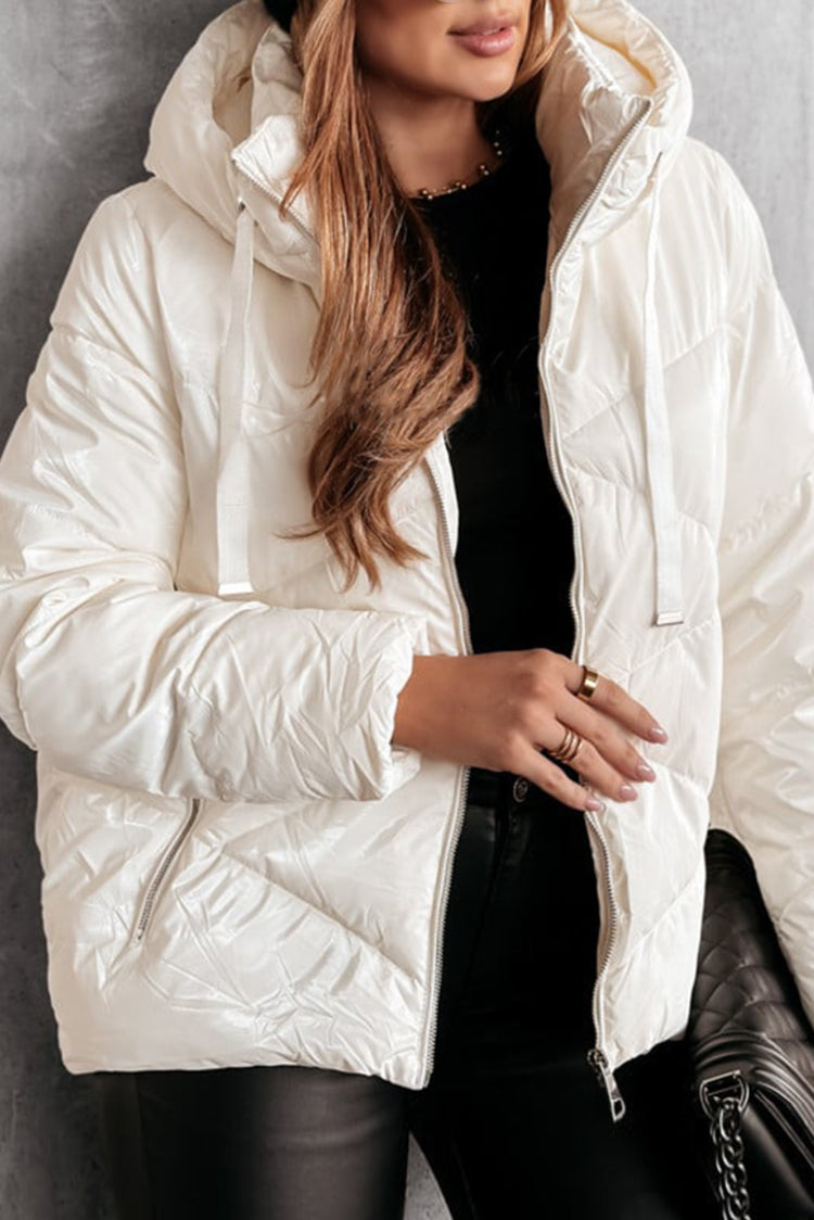 Wäissen eenzäitege gesteppte Kapuzen-Zip-up Puffermantel - Damesmode
