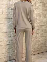Simply Taupe Cozy Ribbed Patchwork Leopard Trim Long Sleeve 2pcs Pant Set - Miniatuur
