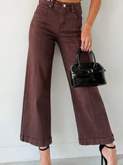 Red Sandalwood Solid Color Seamed Center Wide Leg Cropped Jeans - Miniatuur