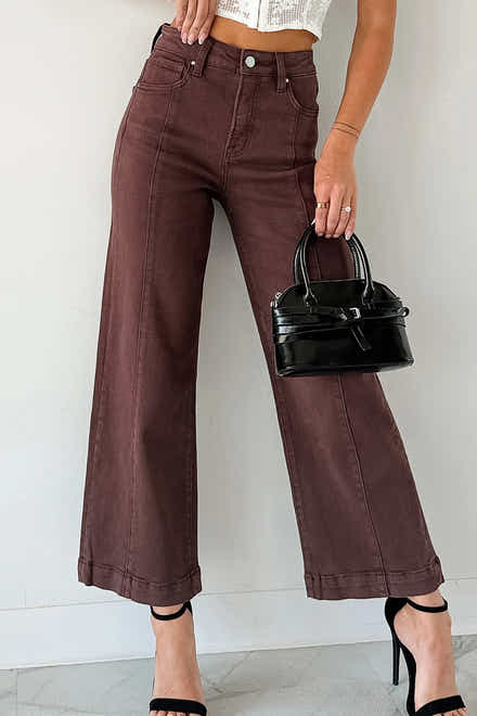 Red Sandalwood Solid Color Seamed Center Wide Leg Cropped Jeans