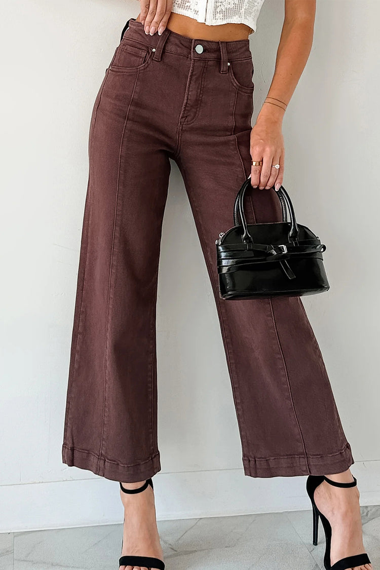 Rout Sandelholz mat eenfarwege Séien an der Mëtt mat breede Been, kuerze Jeans - Damesmode