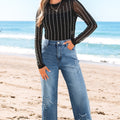 Stone Blue Star Patchwork Cropped Wide Leg High Waist Jeans - Foto 3