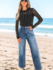 Stone Blue Star Patchwork Cropped Wide Leg High Waist Jeans - Miniatuur