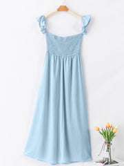 Himmelblaues, schulterloses, gerafftes, transparentes Maxikleid mit transparentem Schlitz - Miniatuur
