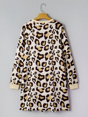 Khaki Leopard Long Sleeve Shift T Shirt Dress with Pockets - Miniatuur