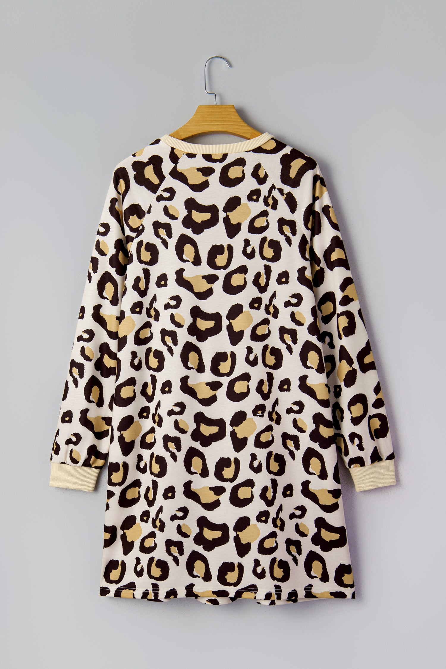 Khaki Leopard langærmet shift-t-shirt kjole med lommer