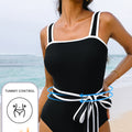 Black Colorblock Edge Belted One Piece Swimsuit - Damesmode Afbeelding 2 - Foto 2