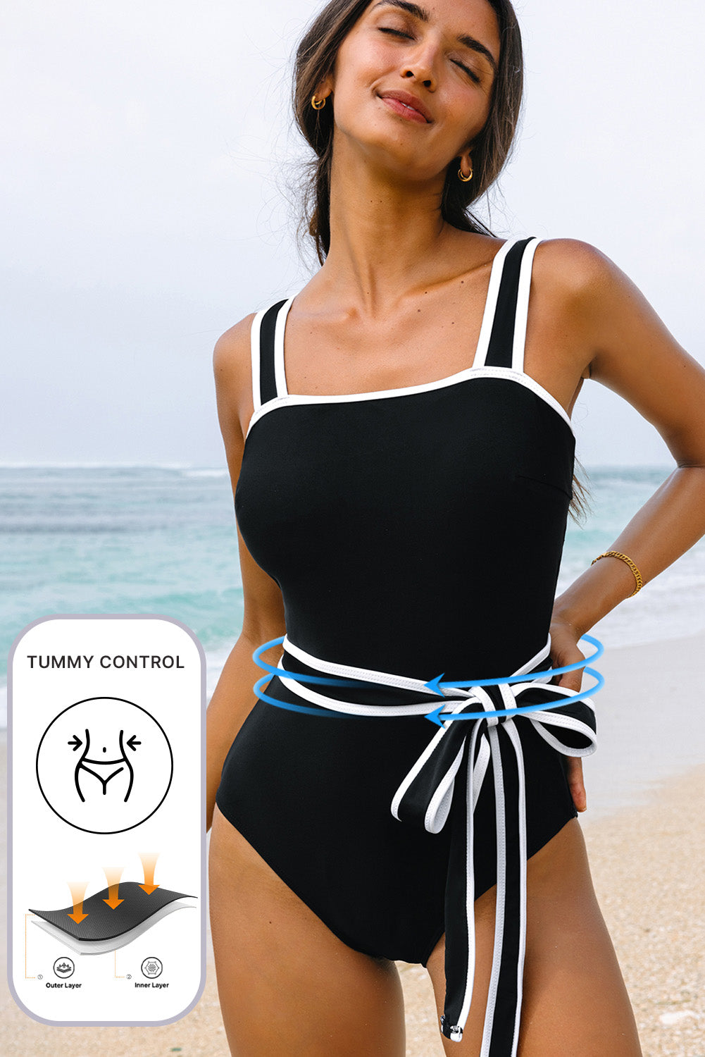 Black Colorblock Edge Belted One Piece Swimsuit - Damesmode Afbeelding 2